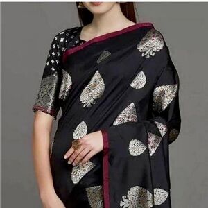 Black Silk Saree with Gold Motifs and pink Border with blouse crop top new